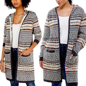 Monteau Bohemian Aztec Print Style Hooded Printed OpenFront Cardigan Size Medium